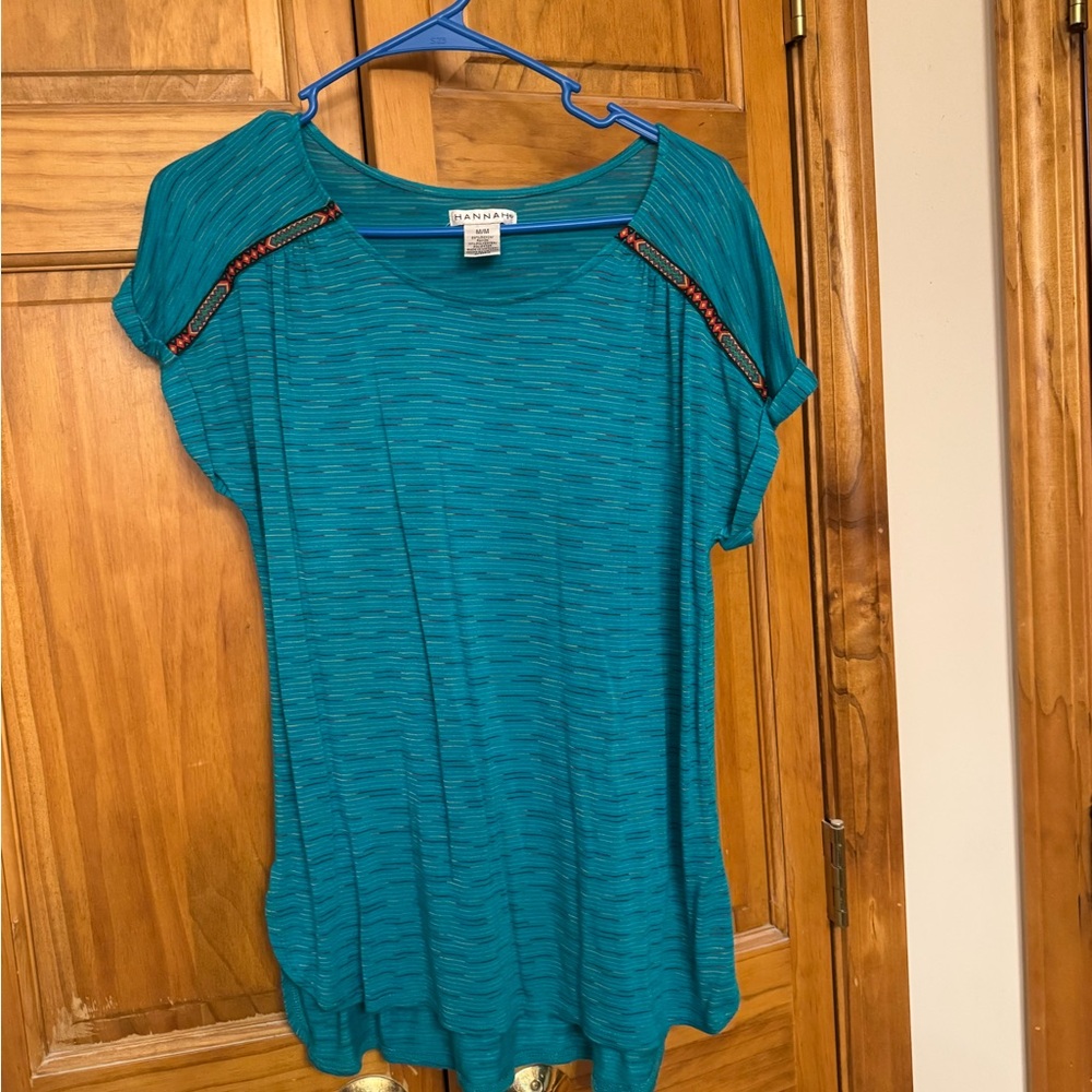 Hannah Teal Short-Sleeve Knit Top with Accent Trim